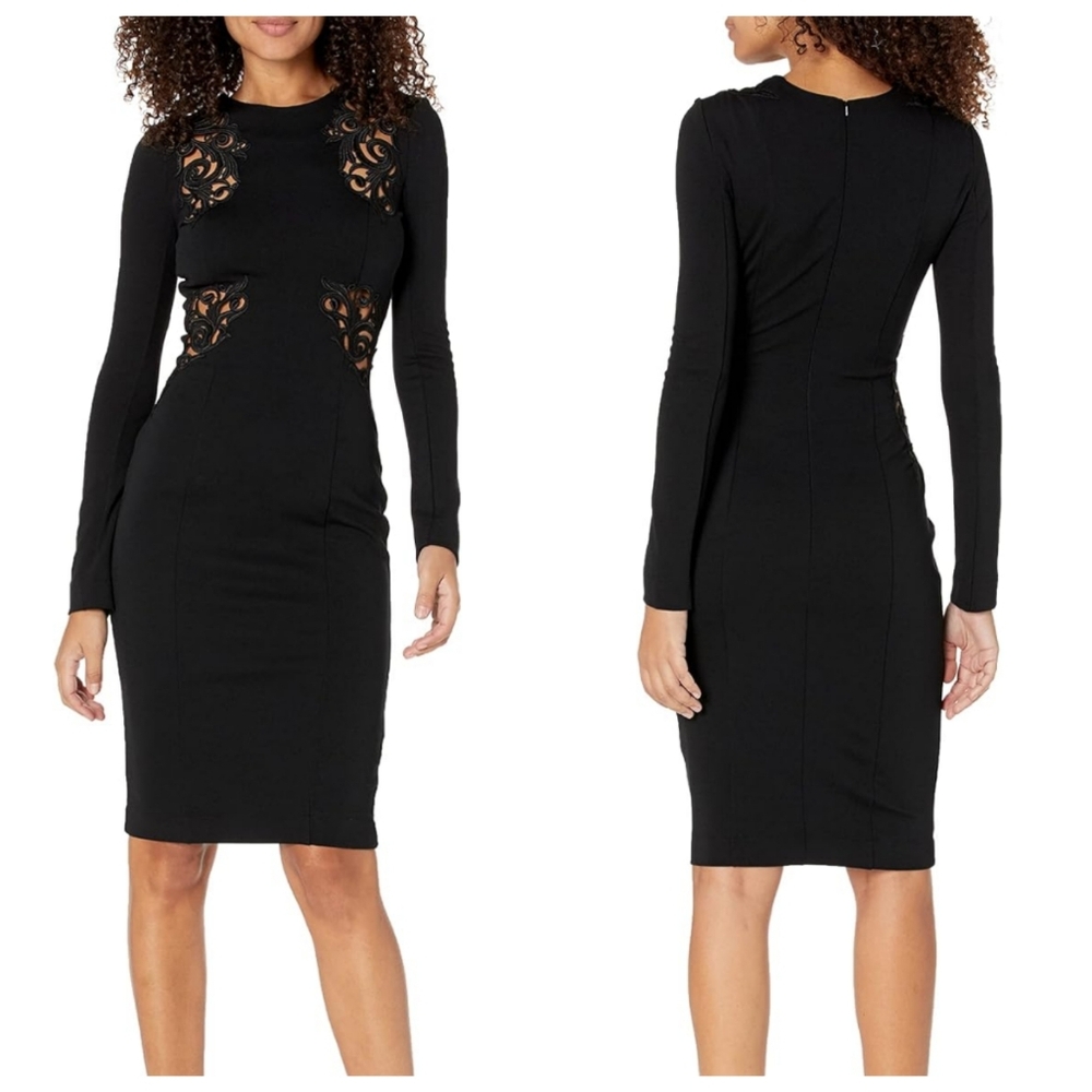 French Connection black embroidered cutout bodycon Marie sheath dress, US2, EUC